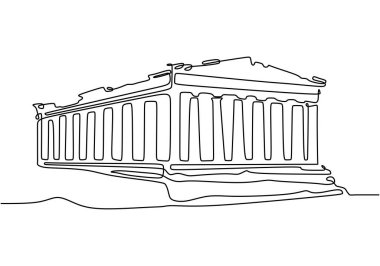 Parthenon binası sürekli bir çizgi çiziyor. Mimari ve tarihi simgeler için minimalist tasarım. Yunan mirası için elle çizilmiş illüstrasyon.