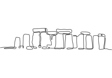 İngiltere 'deki Stonehenge' in sürekli bir çizgi çizimi. Antik tarih ve simgeler için minimalist tasarım. Kültürel miras için elle çizilmiş illüstrasyon.