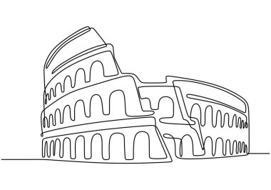 Roma 'daki kolezyum kesintisiz bir çizgi çizerek. Tarihi mimari ve turizm temaları için minimalist tasarım. İtalyan kültürü için elle çizilmiş illüstrasyon.