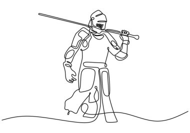 Samurai carrying a sword in one continuous line drawing. Minimalist design for Japanese culture and history. Hand-drawn illustration for warriors in armor. clipart