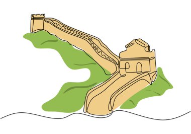 Çin Seddi aralıksız bir çizgi çizerek. Eski Çin savunmasının ikonik sembolü. Kültürel miras için elle çizilmiş illüstrasyon.