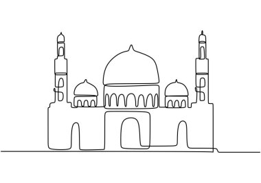 Büyük caminin kesintisiz bir çizimi. Minimalist tasarımda kültürel ve ruhani temsil. İslami mimari için elle çizilmiş illüstrasyon.