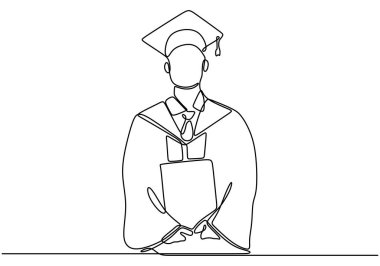 Person wearing graduation attire in one continuous line drawing. Symbolizing academic achievement and celebration. Hand-drawn illustration for graduation ceremonies. clipart