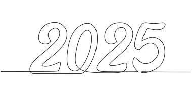 2025 yılını gösteren kesintisiz çizgiler. Yeni yıla hoş geldin demenin basit ve zarif bir temsili. Kutlama temaları için elle çizilmiş illüstrasyon.