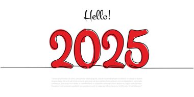 Hello 2025 'in yer aldığı bir çizgi. Yeni bir başlangıç ve gelecek yıl için olumlu bir görünüm. Yeni yıl kutlamaları için elle çizilmiş illüstrasyon.