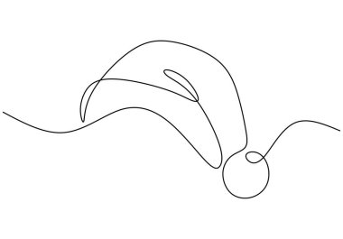 İçinde Noel Baba şapkası olan sürekli bir çizgi. Bayram ruhunu ve neşesini temsil eden bir bayram sembolü. Noel kutlamaları için elle çizilmiş illüstrasyon.