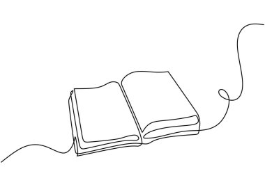 Devamlı çizim tarzında oluşturulmuş açık bir kitabın vektör illüstrasyonu. Eğitimin ve edebiyatın özünü el yapımı minimalist bir tasarımla yakalıyor..