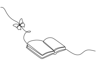 Kelebekli açık bir kitabın sürekli çizimi. Minimalist bir vektör illüstrasyonunun yer aldığı, elle çizilmiş ve izole edilmiş bir eğitim ve edebiyat temasını temsil eder..