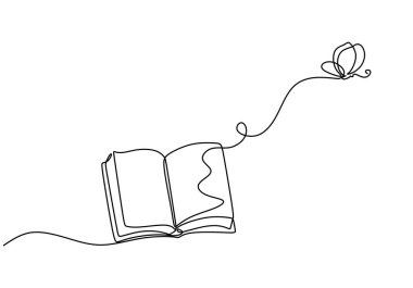 Açık bir kitabın minimalist vektör çizimi ve aralıksız çizgi çizen bir kelebek. Eğitimi ve edebiyatı simgeler, beyaz bir arkaplanda elle çizilmiş ve izole edilmiş.