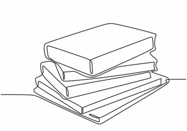 Bir yığın kitabın minimalist sürekli çizgi vektör çizimi. Beyaz üzerine izole edilmiş el çizimi bir tasarım ile çalışmanın ve okur yazarlığın özünü yakalar..