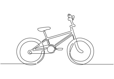 Bir BMX serbest stil bisikletçisinin kesintisiz çizimi. Basit bir doğrusal biçimde vektör illüstrasyonu, varlık kullanımı için minimalist tasarım ile spor temasını yakalamak.