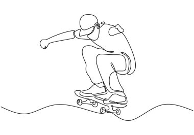 Paten kayan ve paten parkında numaralar yapan genç bir kaykaycının tek sıra çizimi. Açık hava spor uygulamasını minimalist bir tasarımla temsil eder..