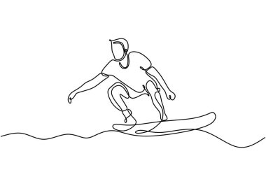Bir figürün dinamik vektör çizimi sörf tahtasındaki dalgayı zarifçe sürüyor. Minimalist tek satırlı stil sörfün ve doğanın heyecanını gösteriyor..