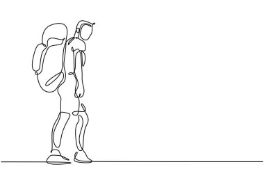 Bir dağa tırmanırken sopa kullanan tek sıra halinde tek başına bir yürüyüşçünün çizimi. Dağ tırmanışını ve sırt çantalarını minimalist bir şekilde temsil eder..