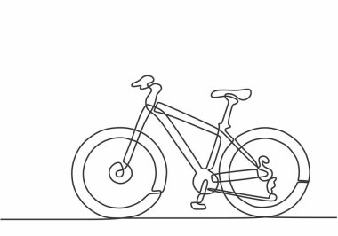 Bisikletin sürekli çizgi vektör çizimi. Spor bisiklet ikonu olarak tek satırlık bir tasarım, dağ bisikletinin sürekli ana hatlarıyla..