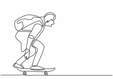 Sürekli olarak kaykay süren genç bir adamın çizimlerini çiziyor. Minimalist bir vektör illüstrasyonunda macera, seyahat ve açık hava sporlarını temsil eder..