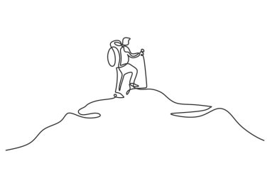 Dağın zirvesinde tırmanırken sopayla tek başına bir yürüyüşçünün durmaksızın çizdiği çizgi. Minimalist sanat tarzında bir sırt çantası taşıyıcısını temsil eder.