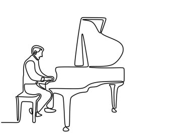 Piyano çalan bir adamın çizimi. Müzik enstrümanını minimalist tek satırlık sanat tarzında sunar..