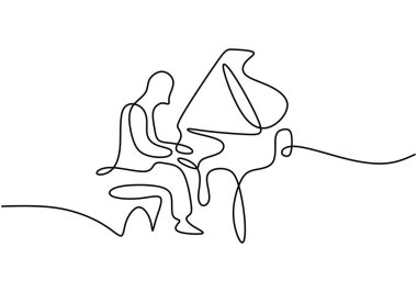 Piyano çalan bir adamın tek satır çizimi. Soyut el yapımı minimalist tasarım müzik aletini vurguluyor.