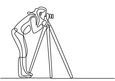 Sürekli bir fotoğrafçı çizimi. Minimalist bir dizaynda elinde kamera ve tripodla duran birini gösteriyor..