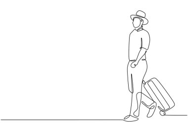 Continuous single line drawing of a traveler with a suitcase. Minimalist vector illustration of a traveler carrying a suitcase. clipart