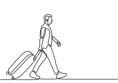 Sürekli bir bavulla yürüyen bir gezginin çizimi. Gezgini minimalist bir vektör illüstrasyonuyla hareket ettirir.