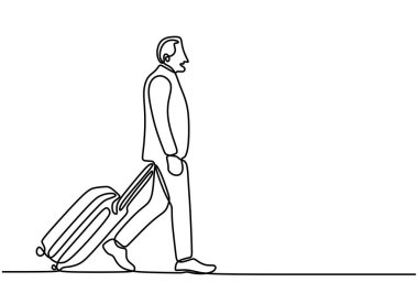 Sürekli bir bavulla yürüyen bir yolcunun çizimi. Seyahat temasını minimalist el çizimi tarzıyla temsil eder.