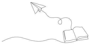 Açık bir kitap ve kağıttan uçak çizimleri devam ediyor. Edebiyat ve yaratıcılık arasındaki bağlantıyı elle çizilmiş bir tarzda resmeder..