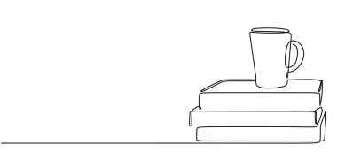 Continuous single line drawing of a cup of coffee on a stack of books. Represents a cozy reading environment in a minimalist design. clipart