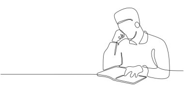 Devamlı kitap okuyan bir adamın çizimleri. Rahatlamış bir şekilde romandan hoşlanan bir kişinin minimalist vektör çizimi.