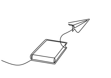 Devamlı bir kitap ve kağıt uçak çizimi. Okuma ve hayal gücünü birleştiren basit bir tasarım..