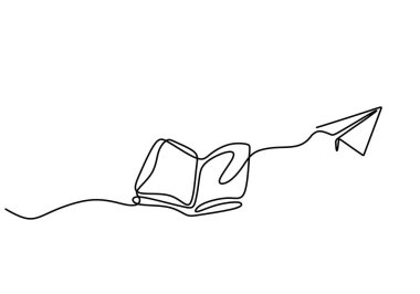 Kağıt uçaklı açık bir kitabın sürekli tek satır çizimi. Edebiyat ve macera karışımını minimalist bir tarzda resmeder..