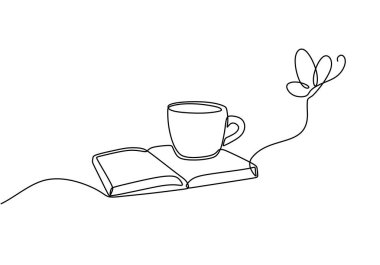 Continuous single line drawing of an open book, a cup, and a butterfly flying. Represents a serene and creative reading environment in a minimalist style. clipart