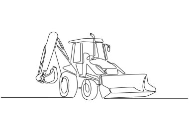 Tekerlek kepçesi yükleyicisinin aralıksız tek çizgi çizimi. Minimalist vektör tarzındaki bir inşaat aracını görüntüler.