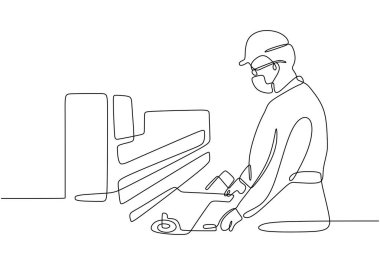 Fabrika makinesini çalıştıran bir adamın kesintisiz çizimi. Temiz bir vektör biçimi ile endüstriyel işlemler.