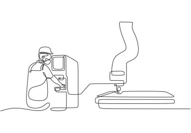 Sürekli robot sistemi olan bir fabrika makinesini çalıştıran bir adamın çizimi. Bir vektör tasarımında otomasyon ile modern imalatı resmediyor.