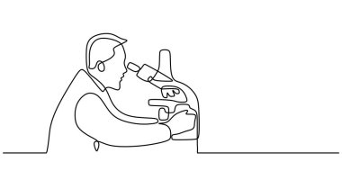 Mikroskop kullanan bir bilim adamının minimalist vektör çizimi. Bilimsel araştırma tasarımı.