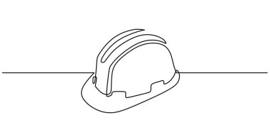 Devamlı çizim yapan güvenlik kaskı. Minimalist tasarım koruyucu teçhizatı vurguluyor. Bir el çizilmiş tek bir çizgi.