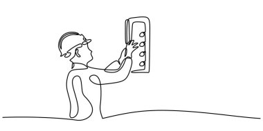 Bir elektrik teknisyeninin çizdiği çizim çizimi. Endüstriyel fabrikada otomasyonu yöneten bir işçi..