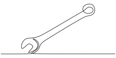 İngiliz anahtarı anahtarının sürekli tek çizgi vektör çizimi. Klasik aracın şeklini, teknik ve mekanik temalar için ideal sürekli bir çizgi ile gösterir.