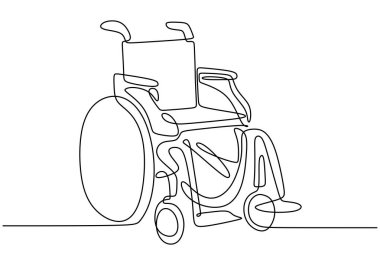 Tekerlekli sandalye sürekli bir çizgi çiziyor. Sağlıklı ve engelli konsepti. Beyaz arkaplanda izole edilmiş vektör illüstrasyon minimalisti.