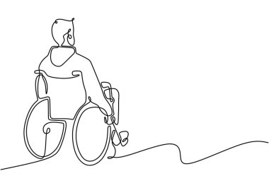 Engelli adam bir hatta. Tekerlekli sandalyede sürekli çizim yapan biri oturuyor. Sağlık sigortası konsepti. Beyaz arkaplanda izole edilmiş vektör illüstrasyon minimalisti.