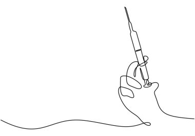 İğne aralıksız çizilmiş şırıngayla el ele tutuşmak. Sağlık sigortası konsepti. Beyaz arkaplanda izole edilmiş vektör illüstrasyon minimalisti.