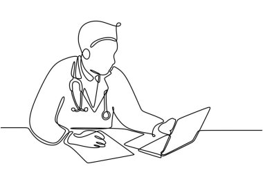 Üniformalı bir doktor, kağıt ve dizüstü bilgisayarla çalışırken steteskop kullanıyor. Sürekli çizim yapıyor. Sağlık sigortası konsepti. Beyaz arkaplanda izole edilmiş vektör illüstrasyon minimalisti.
