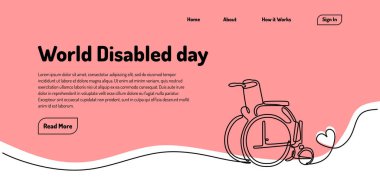 World disabled day landing page with wheelchair continuous line drawing. Healthcare concept. Vector illustration minimalist isolated on white background.