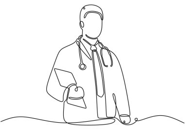 Üniformalı bir doktor, steteskop takmış ve sürekli çizim çizen bir kitap taşıyor. Sağlık sigortası konsepti. Beyaz arkaplanda izole edilmiş vektör illüstrasyon minimalisti.