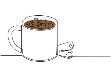 Bardakta sıcak çikolata aralıksız çizim yapıyor. Yiyecek ve içecek konsepti. Beyaz arkaplanda izole edilmiş vektör illüstrasyon minimalisti.