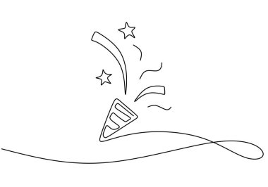 parti popper kesintisiz çizgi çizimi. Parti konsepti. Beyaz arkaplanda izole edilmiş vektör illüstrasyon minimalisti.