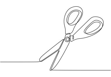 Makas sürekli çizgi çiziyor. Güzellik ve moda konsepti. Beyaz arkaplanda izole edilmiş vektör illüstrasyon minimalisti.