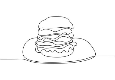 Devamlı çizim yapan büyük hamburger. Yiyecek ve içecek konsepti. Beyaz arkaplanda izole edilmiş vektör illüstrasyon minimalisti.
